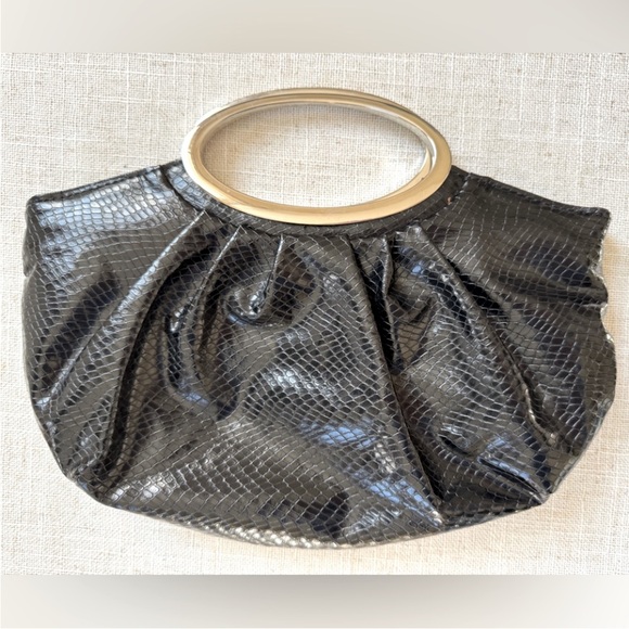 Express Black Clutch Croc Effect Animal Print Leather Silver Ha… - Picture 1 of 8